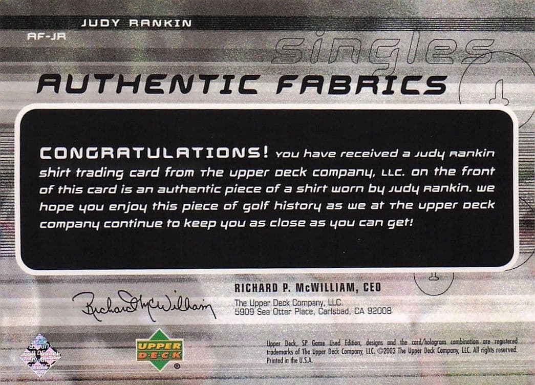 Judy Rankin Authentic Fabrics Singles 2003 Golf Upper Deck Worn Shirt Card