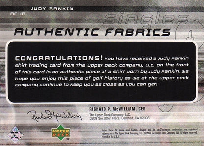 Judy Rankin Authentic Fabrics Singles 2003 Golf Upper Deck Worn Shirt Card