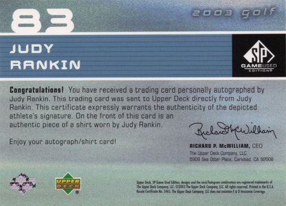 Judy Rankin First Tee SP 2003 Golf Hand Signed Worn PGA Shirt Card