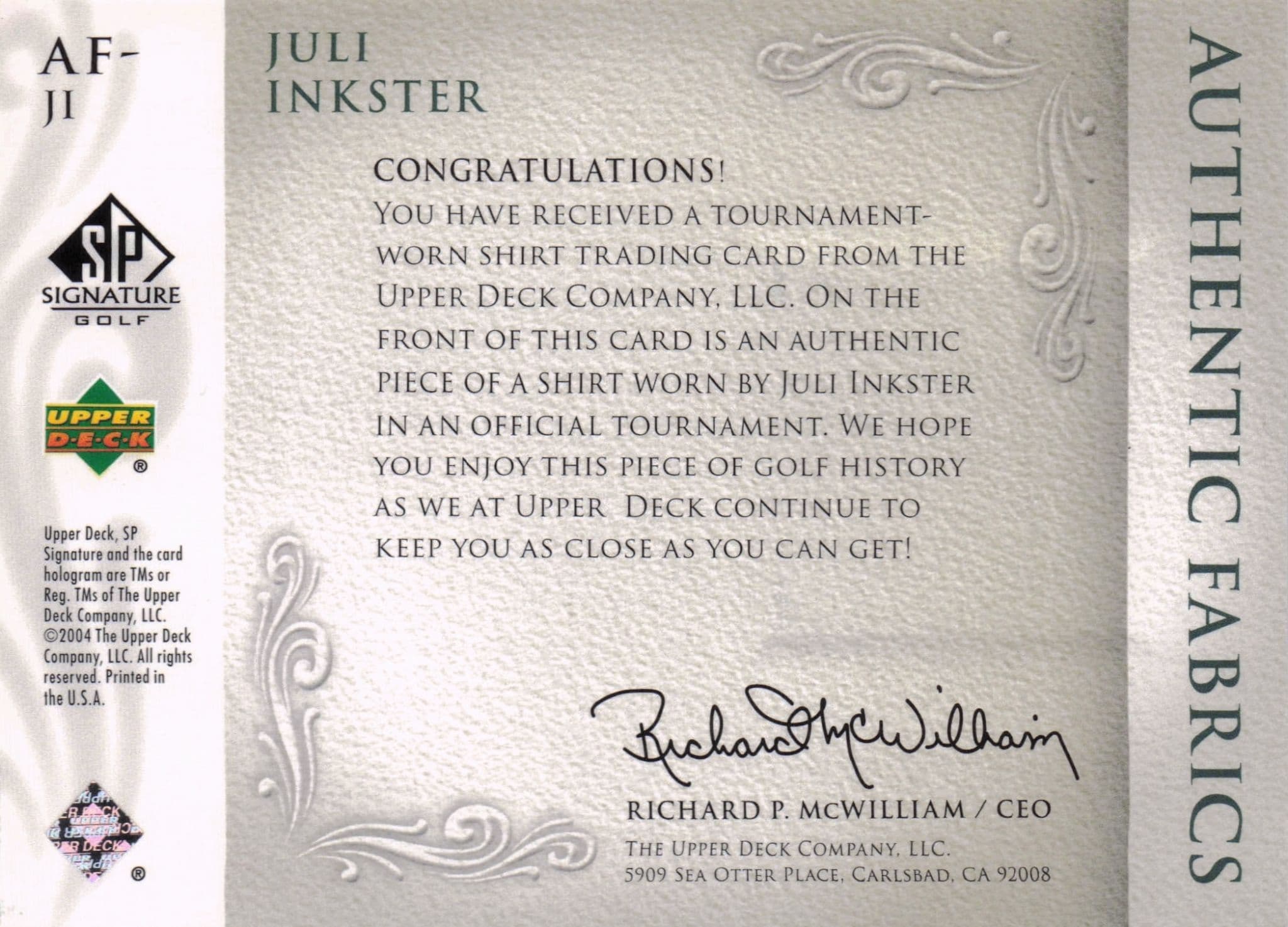 Juli Inkster Authentic Fabrics 2004 Upper Deck Real Golf Shirt Card
