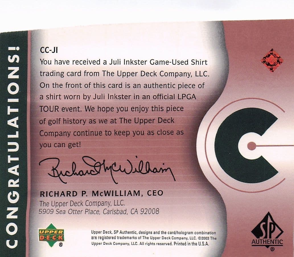 Juli Inkster Course Classics 2003 Authentic Worn PGA Tour Golf Shirt Card