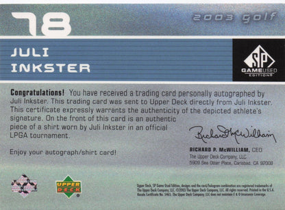 Juli Inkster First Tee SP 2003 Golf Hand Signed Worn PGA Shirt Card