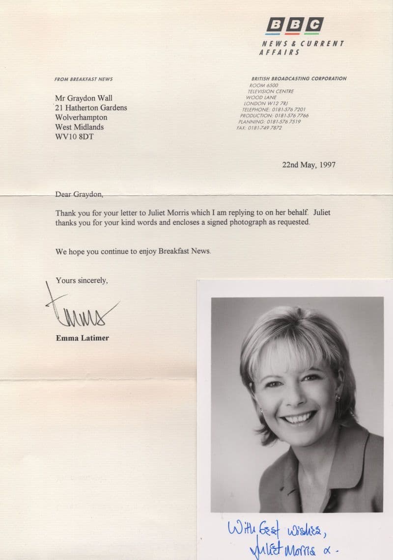 Juliet Morris BBC TV News Presenter Hand Signed Photo & Letter