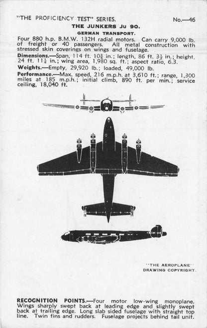 Junkers JU90 Valentines Aircraft Recognition Card Postcard