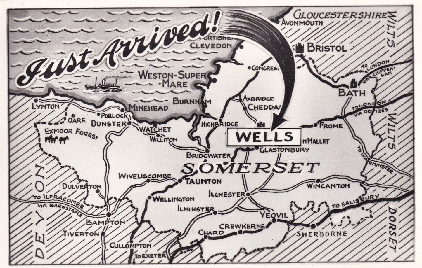 Just Arrived Wells Somerset Devon Real Photo Map Old Postcard