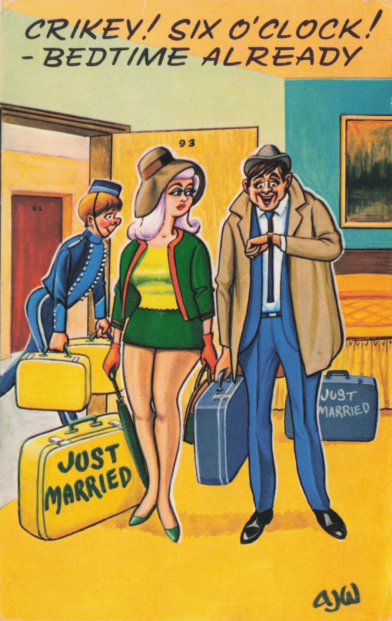 Just Married Honeymoon Hotel Early Bedtime 1970s Comic Postcard