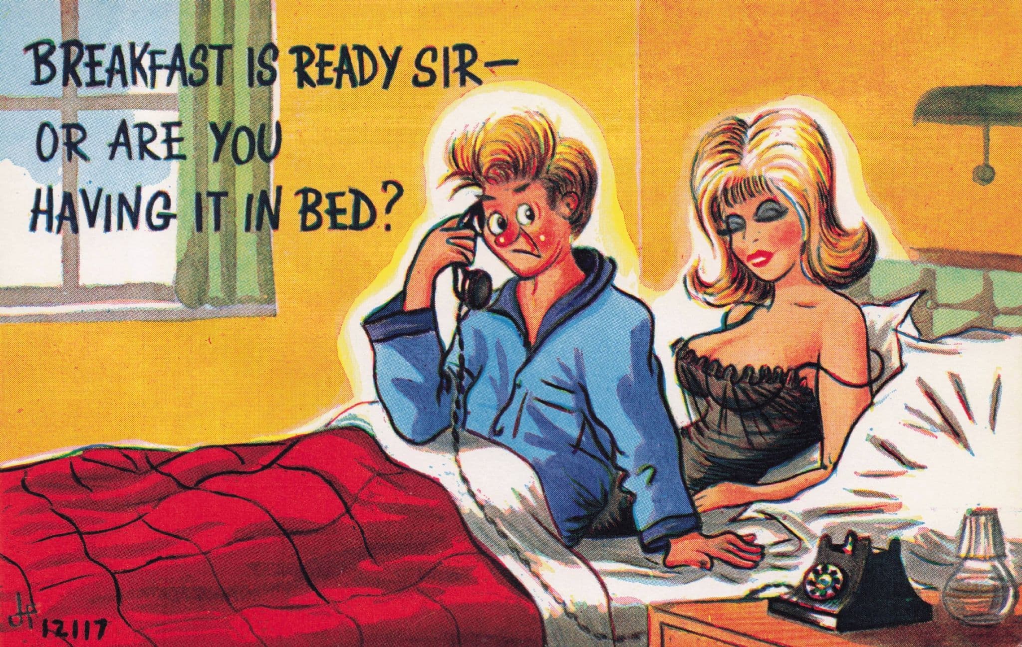 Just Married Sex as Breakfast In Bed Hotel Honeymoon 1970s Comic Postcard