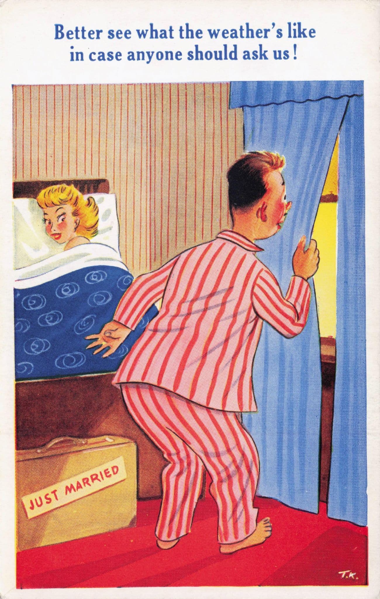 Just Married Sex In Bed All Day Newlyweds Hotel Vintage Comic Postcard