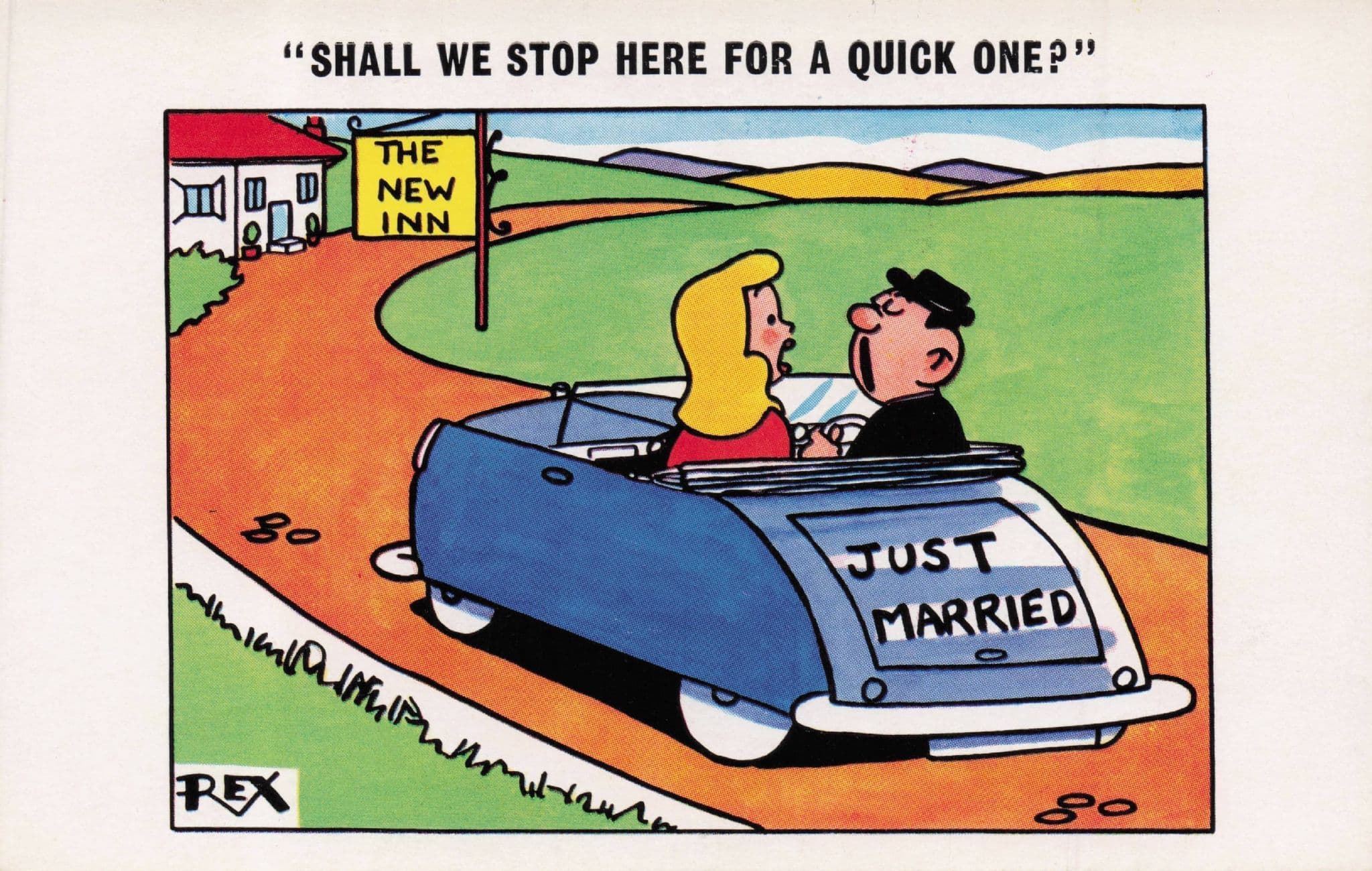 Just Married Transport Car To Pub For Quick One 1960s Comic Postcard