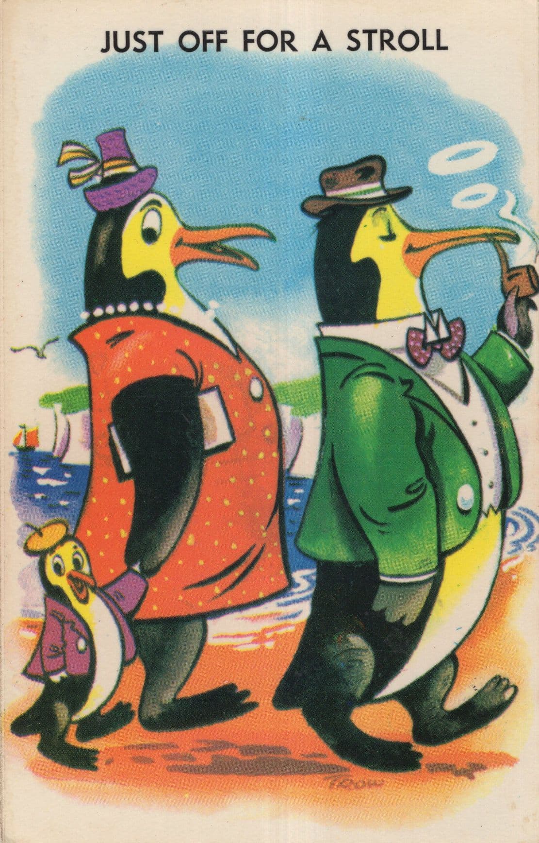 Just Off For A Stroll Pipe Smoking Penguins Birds Comic Postcard