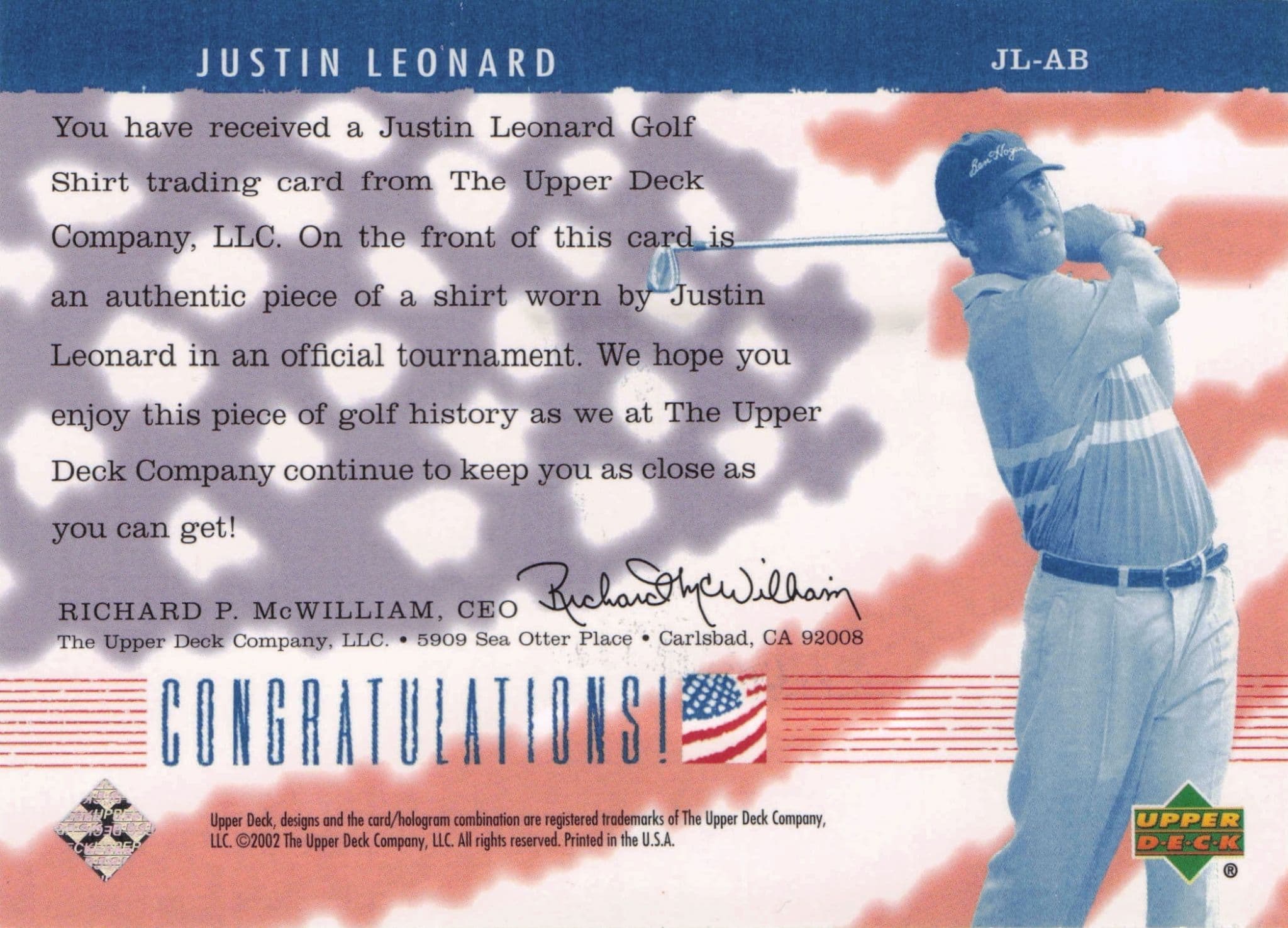 Justin Leonard America's Best 2002 Upper Deck Real Worn Golf Shirt Card