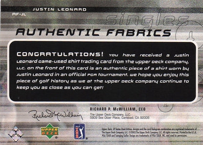 Justin Leonard Authentic Fabrics Singles Golf Upper Deck Worn Shirt Card