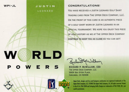 Justin Leonard Authentic World Powers Golf Upper Deck Relic Shirt Card