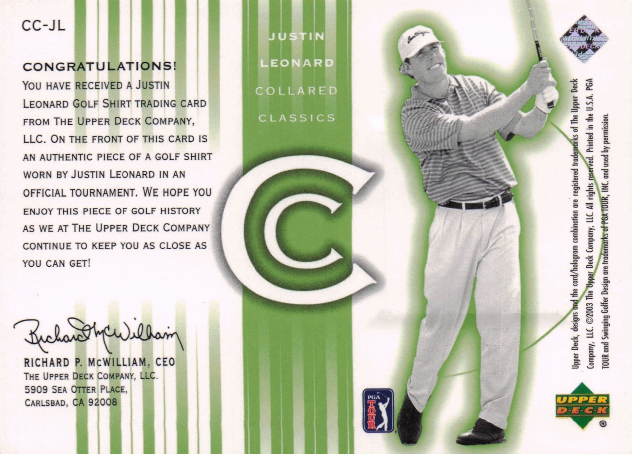 Justin Leonard Collared Classics Golf Shirt Relic Upper Deck 2003 Card