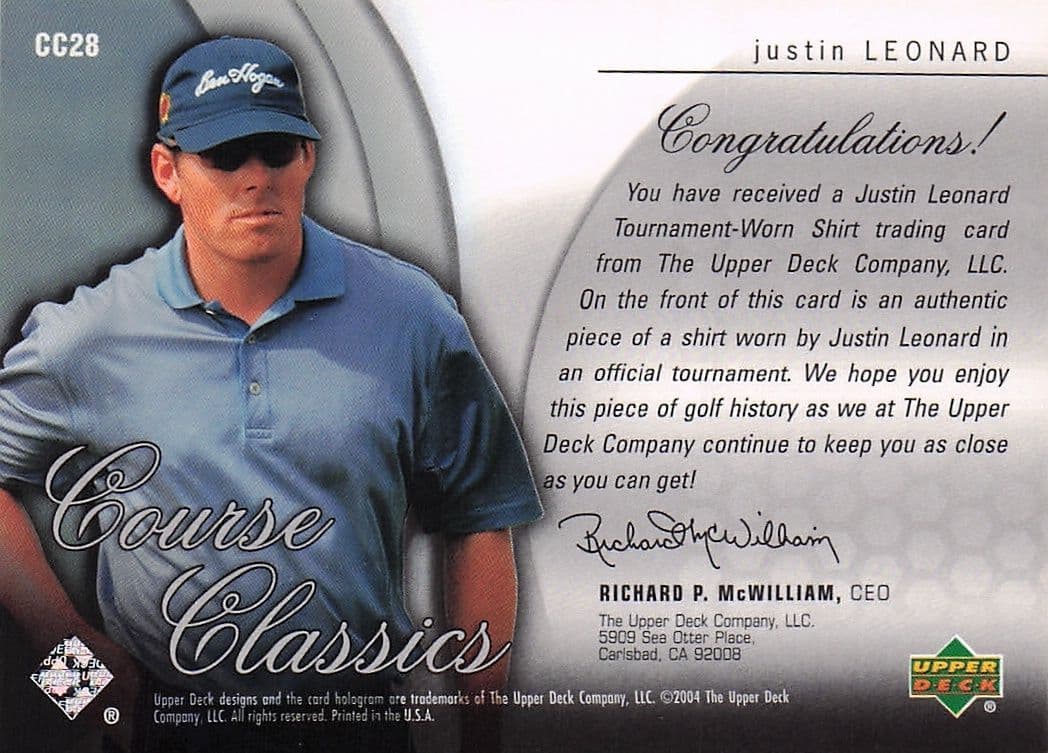 Justin Leonard Course Classics 2004 Authentic Tournament Upper Deck Golf Shirt Card