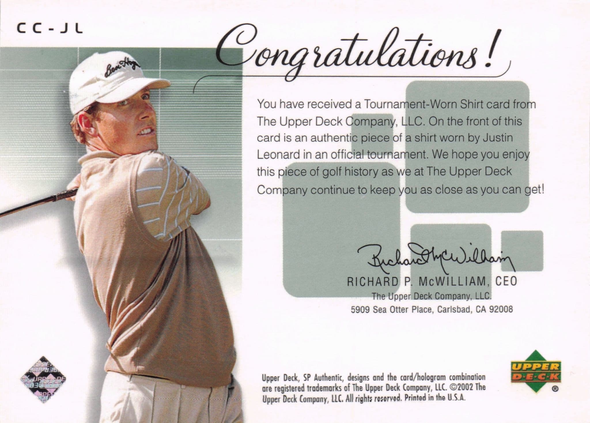 Justin Leonard Course Classics Upper Deck 2002 Real Relic Golf Shirt Card