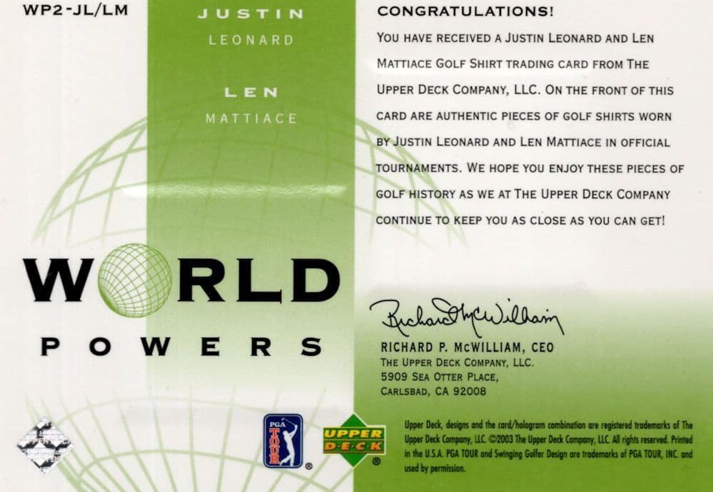 Justin Leonard & Len Mattiace World Powers Golf Upper Deck Relic Shirt Card