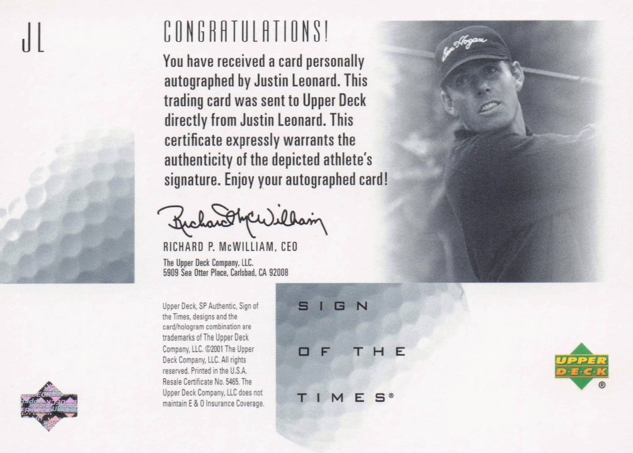 Justin Leonard Sign Of The Times Hand Signed 2001 SP Golf Autograph Card