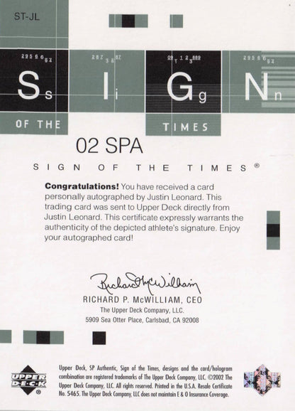 Justin Leonard Sign Of The Times Hand Signed 2002 SP Golf Autograph Card