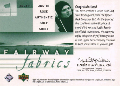 Justin Rose Fairway Fabrics 2002 Golf Upper Deck Real Worn Shirt Relic Card