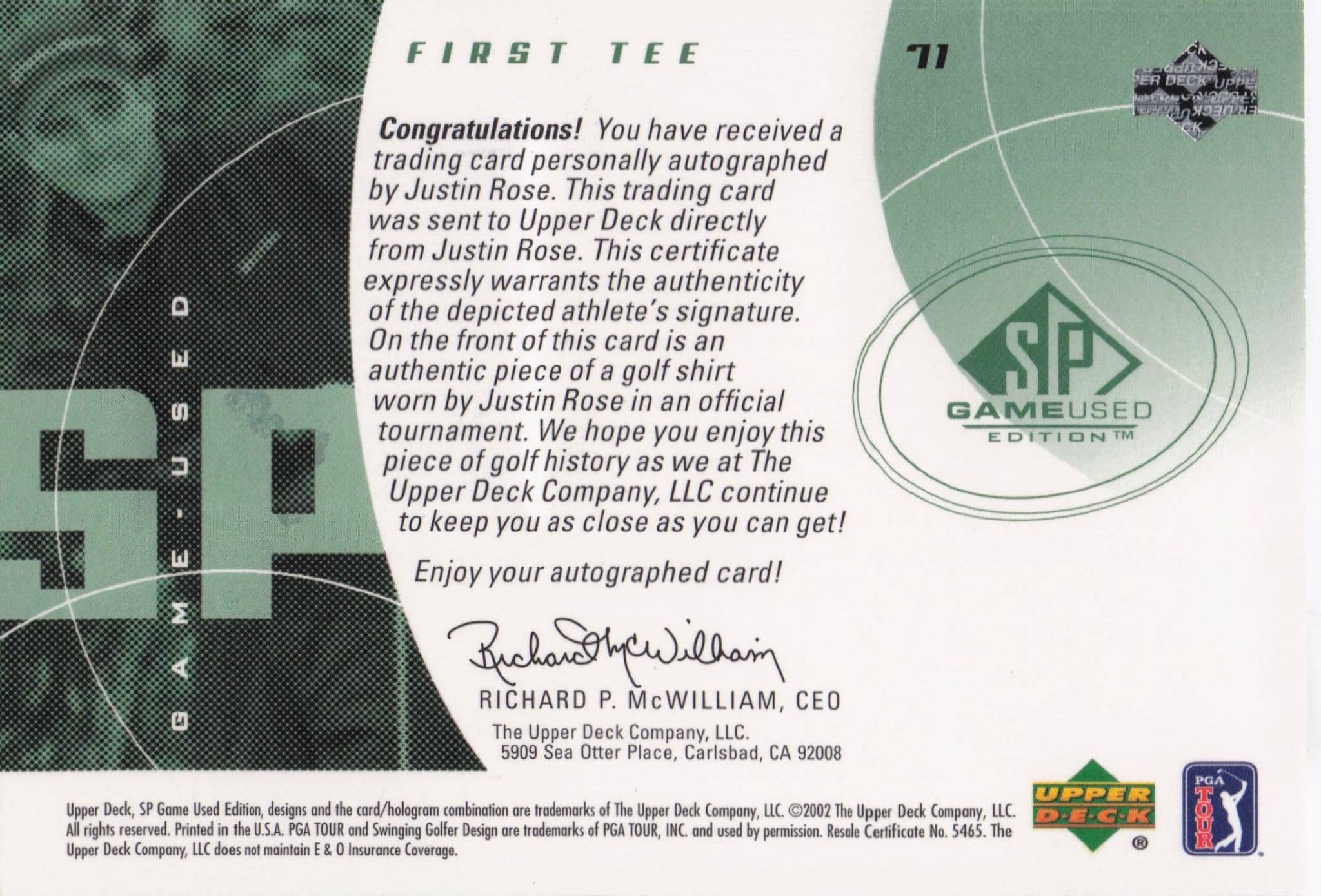 Justin Rose First Tee 2002 Golf Upper Deck Hand Signed Worn Shirt Card