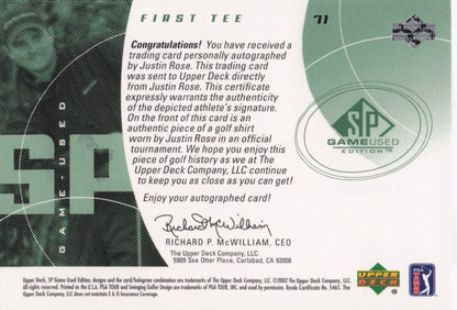 Justin Rose First Tee 2002 Golf Upper Deck Hand Signed Worn Shirt Card