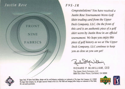 Justin Rose Front 9 Fabric 2002 Upper Deck Authentic Shirt Card