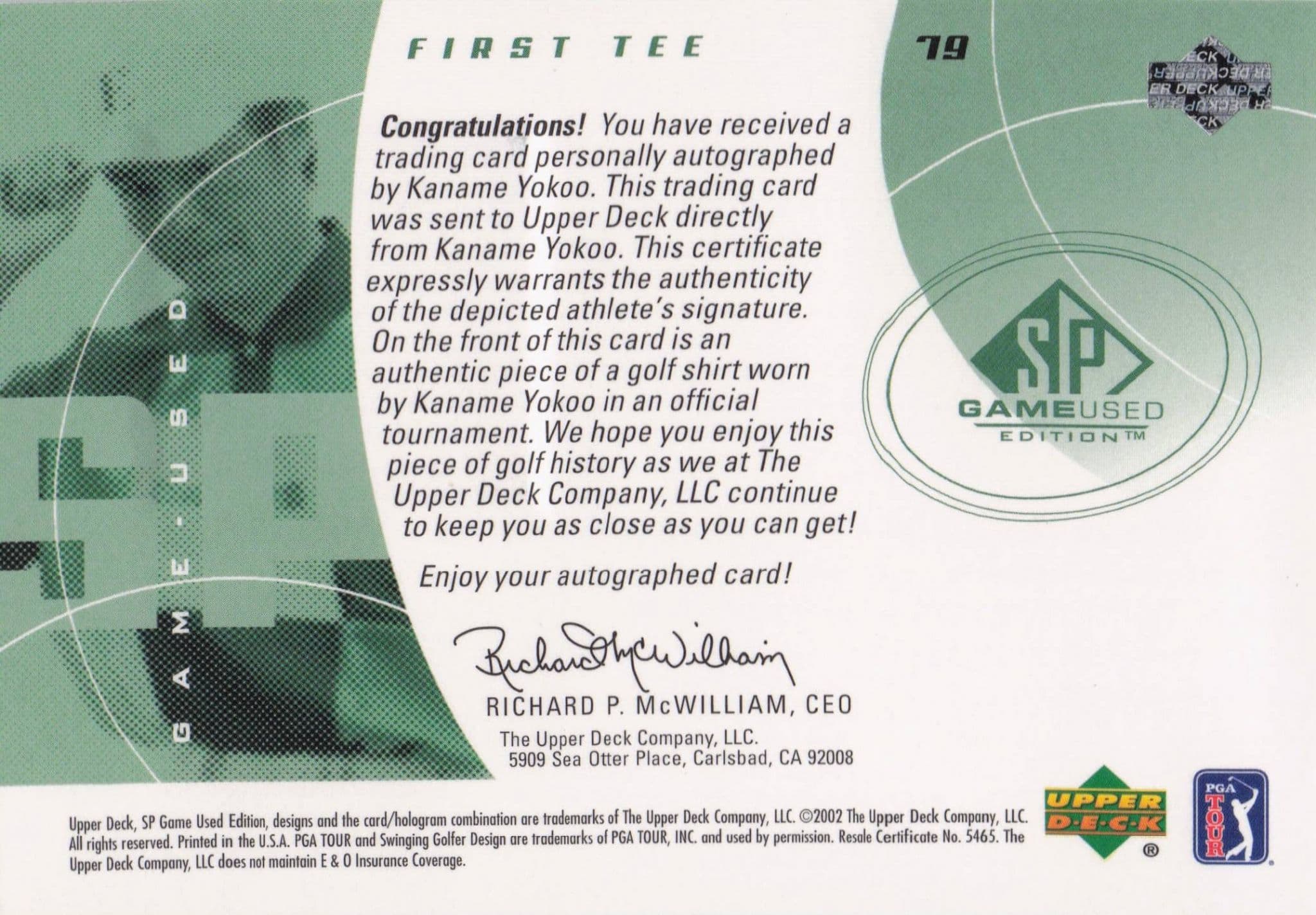 Kaname Yokoo First Tee 2002 Golf Upper Deck Hand Signed Worn Shirt Card