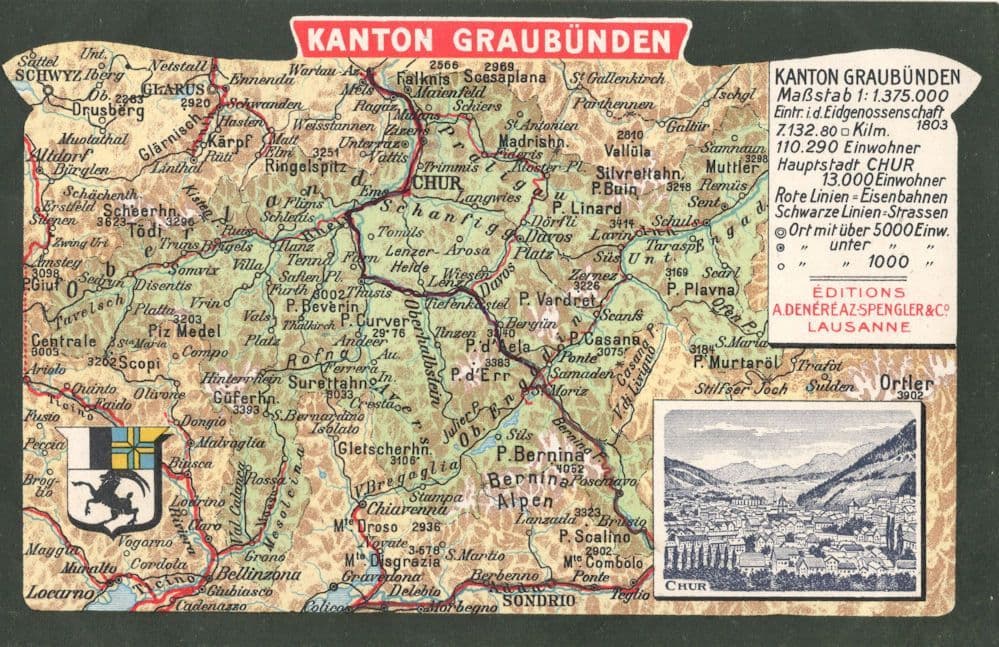 Kanton Graubunden Switzerland Chur Map 1913 Old Postcard