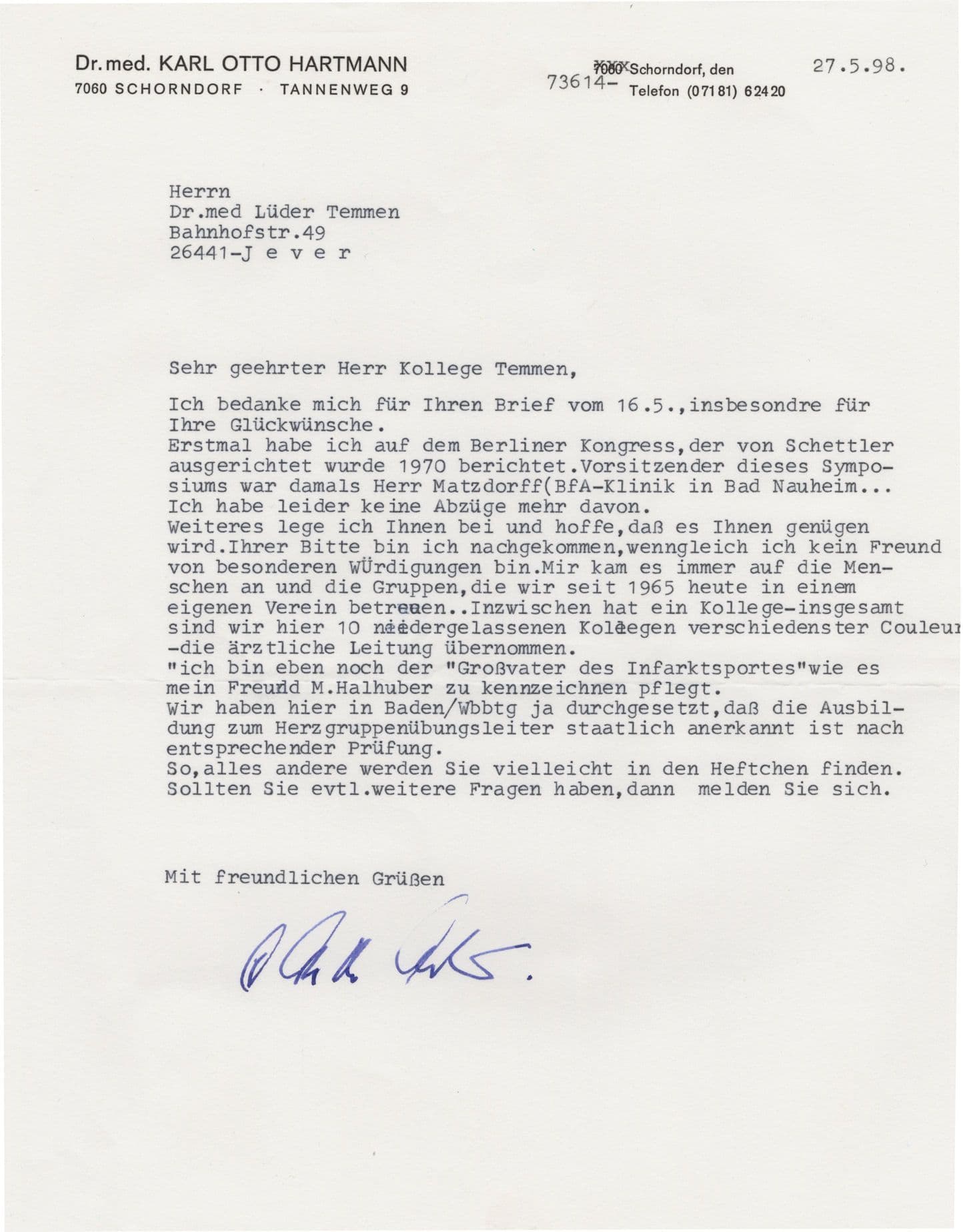 Karl Otto Hartmann German Scientist Heart Surgeon Hand Signed Letter