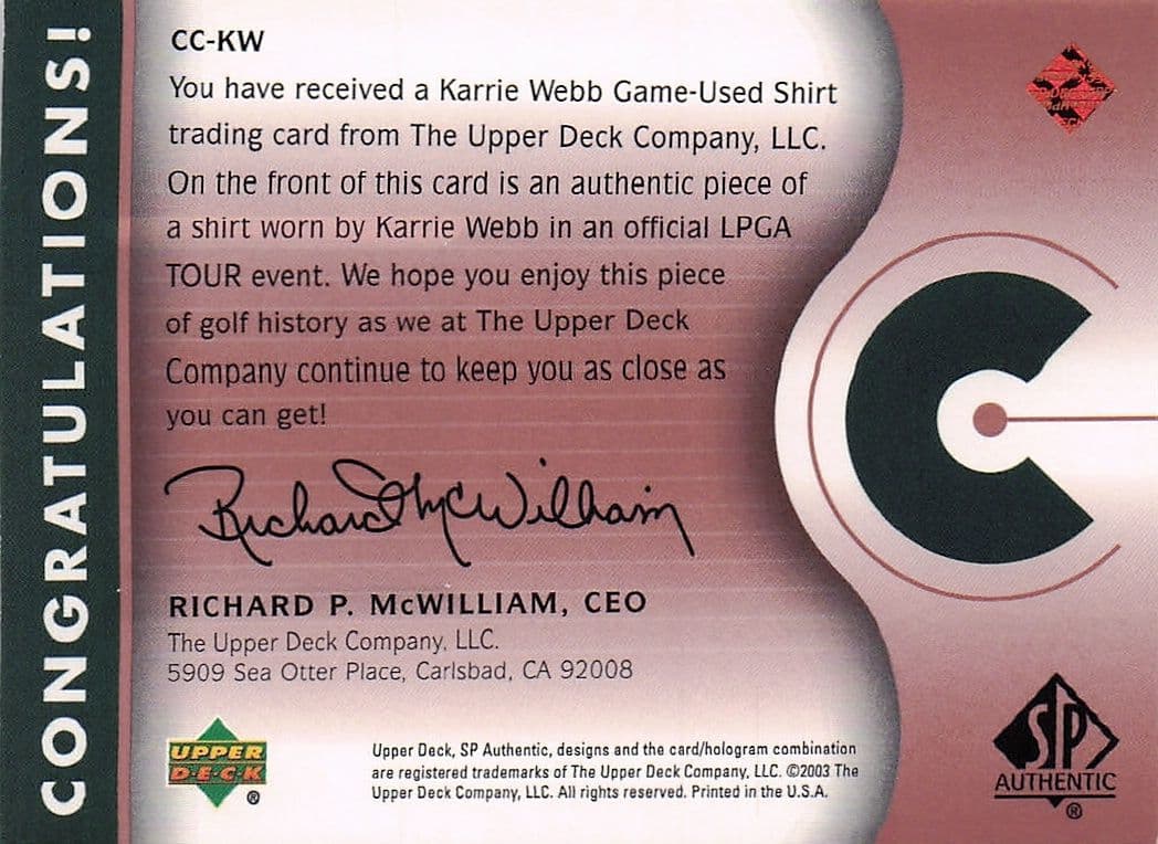 Karrie Webb Course Classics 2003 Authentic Worn PGA Tour Golf Shirt Card