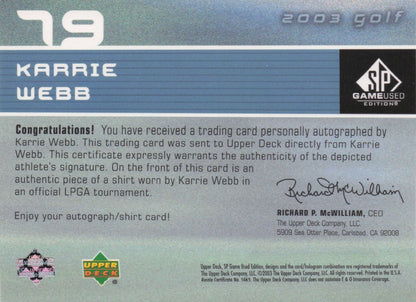 Karrie Webb First Tee SP 2003 Golf Hand Signed Worn PGA Shirt Card