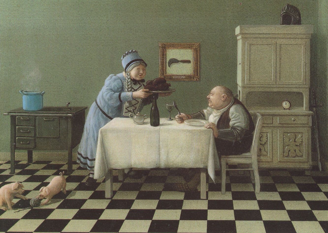 Katchen German Pigs Playing As Man Eats Pork Joint Painting Postcard