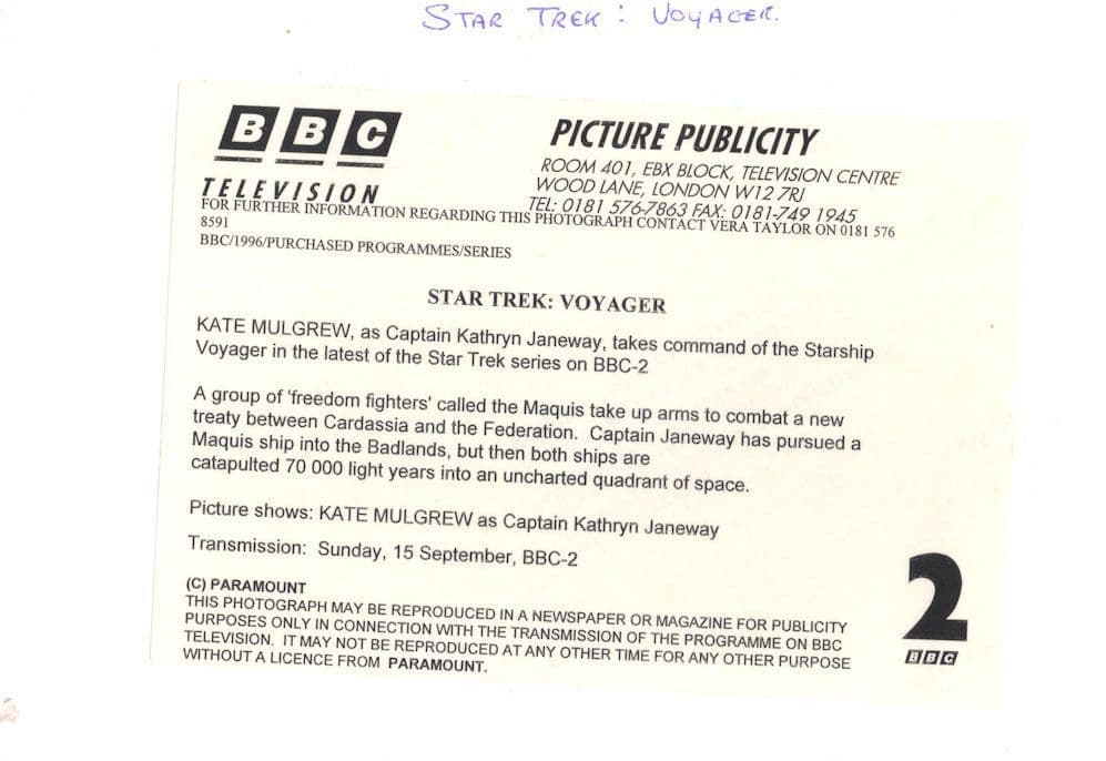 Kate Mulgrew Star Trek Voyager BBC TV Rare Press Photo