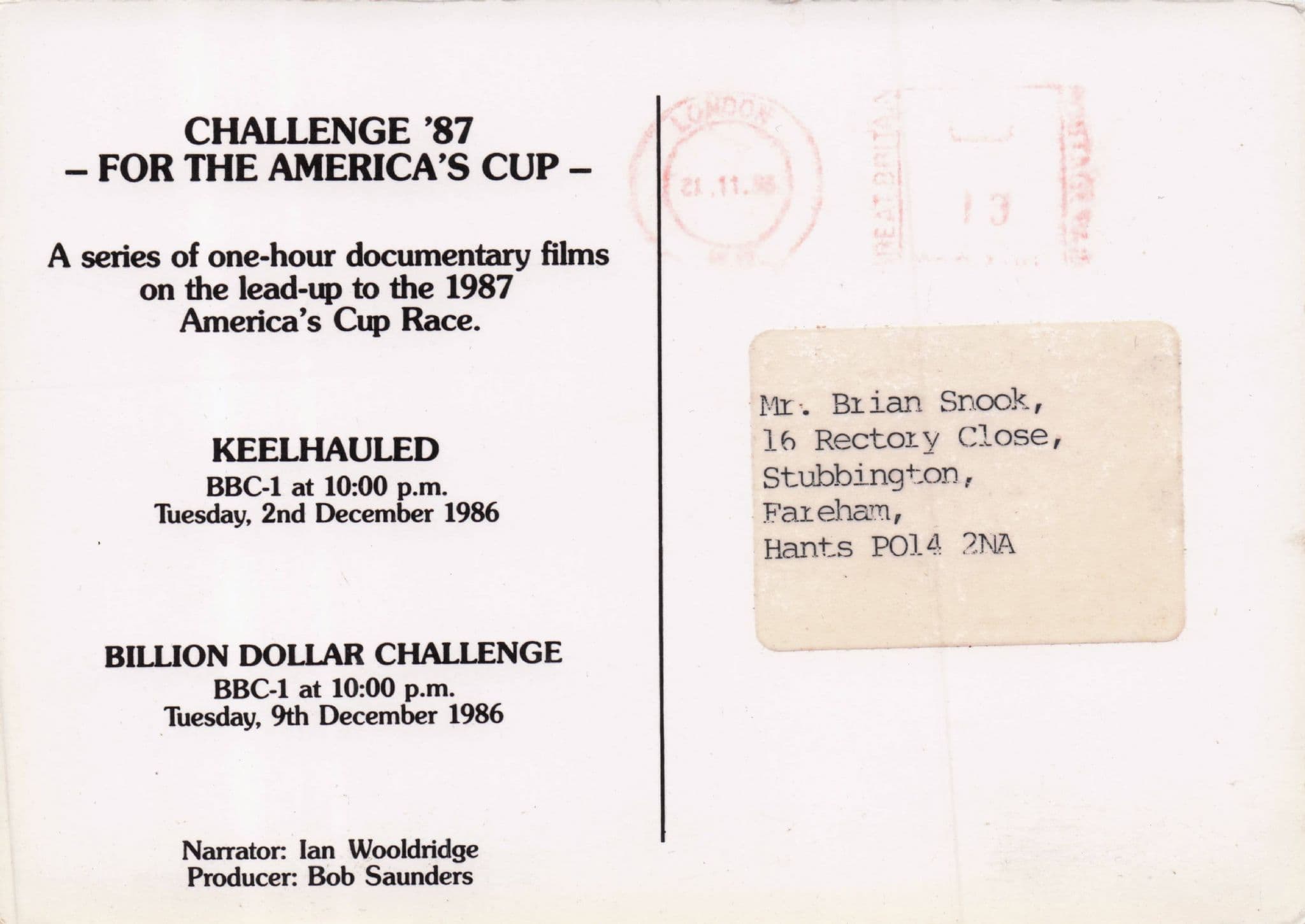 Keelhauled 1986 America Sailing Cup Race BBC Documentary Postcard