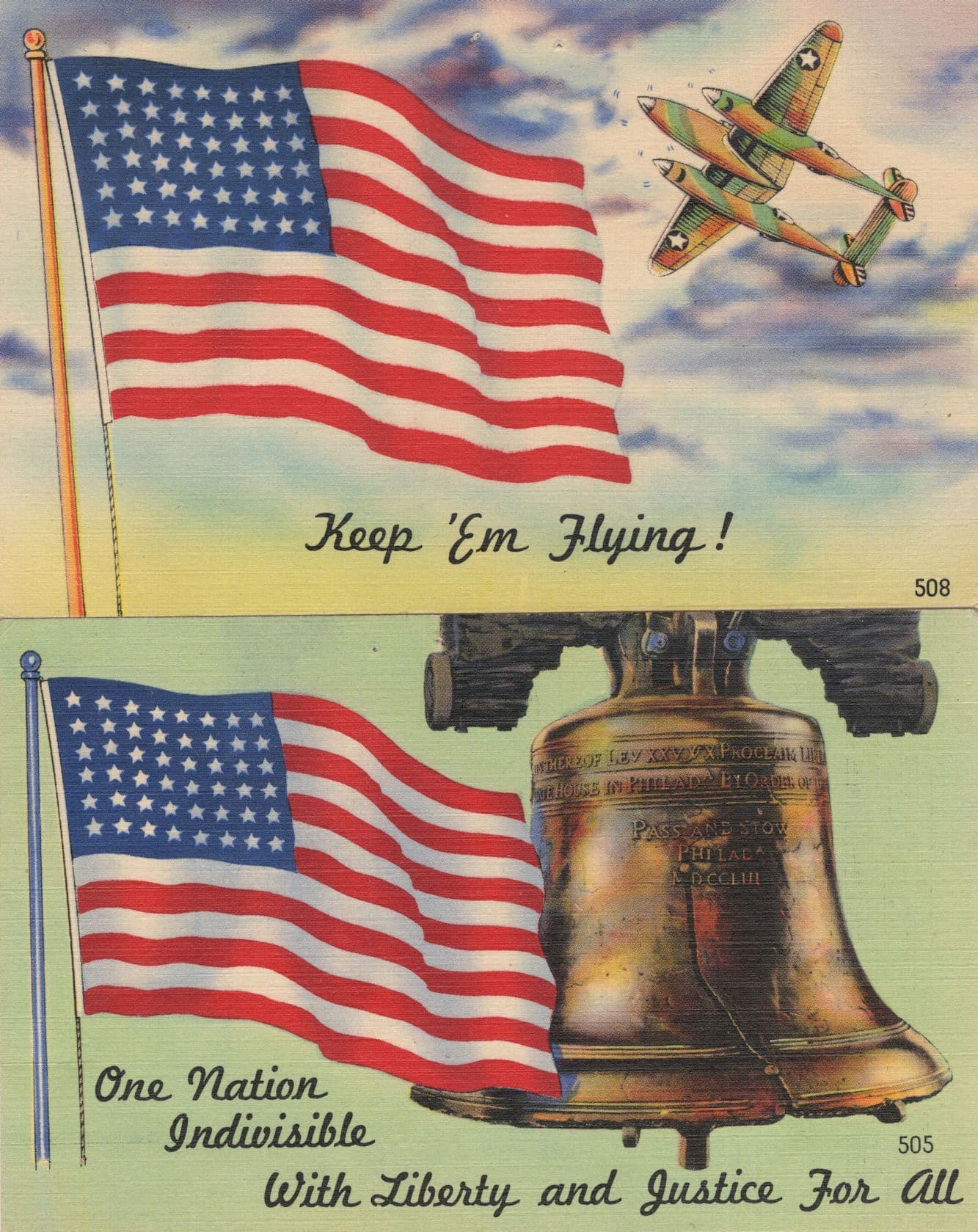 Keep Em Flying Liberty Bell 2x USA Military Linen Old WW2 Postcard s
