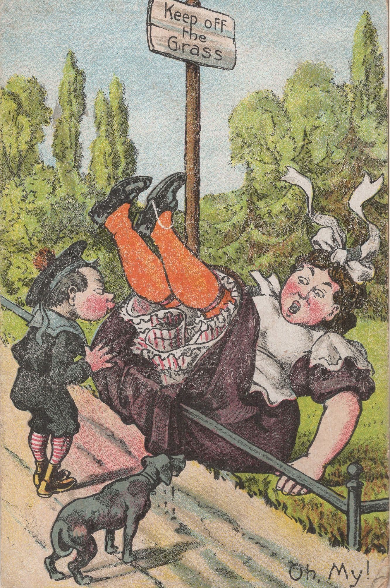 Keep Off The Grass Warning Sign Fat Lady Disaster Dog Old Comic Postcard