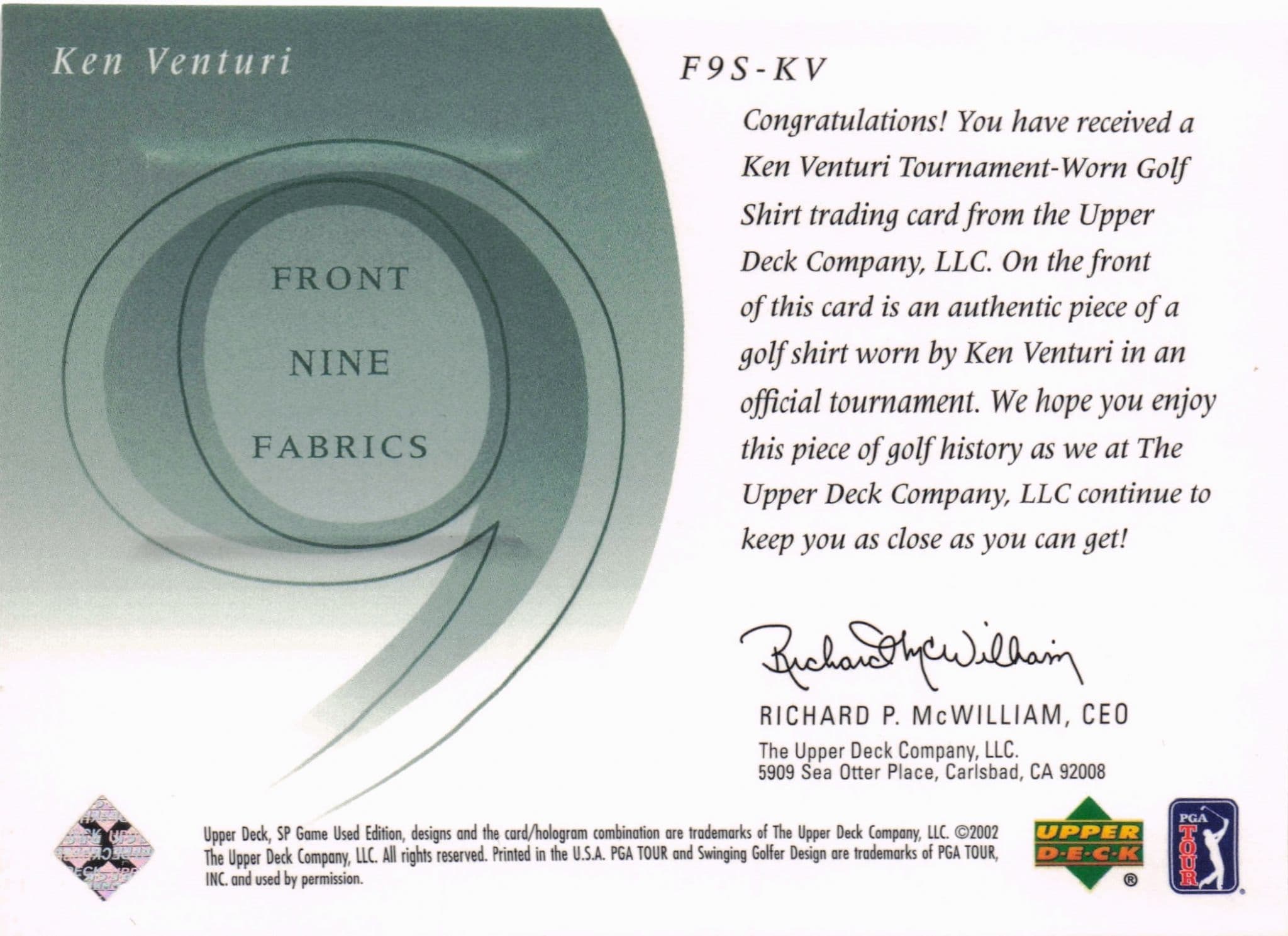 Ken Venturi Front 9 Fabric 2002 Upper Deck Authentic Shirt Card