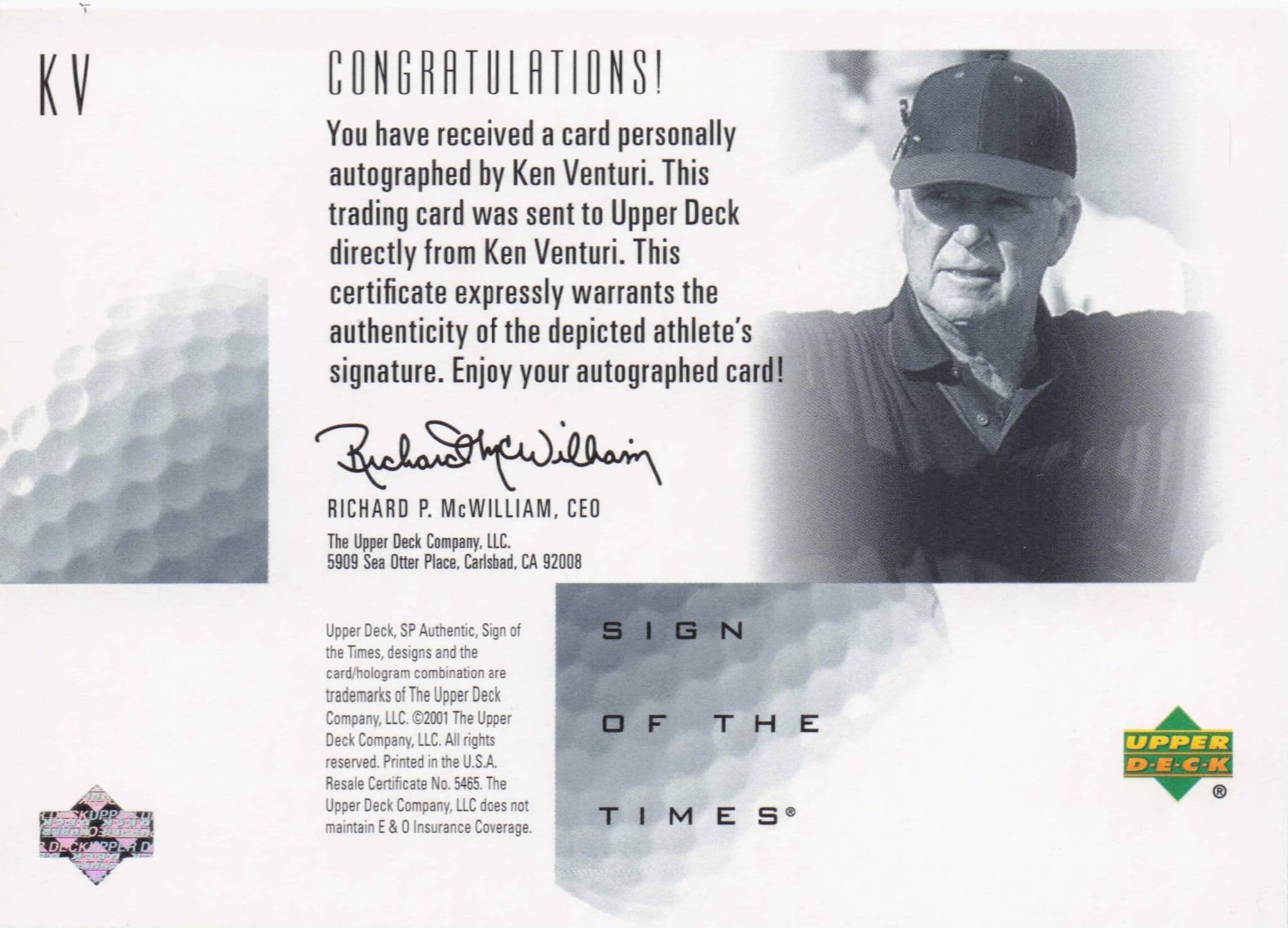 Ken Venturi Sign Of The Times Hand Signed 2001 SP Golf Autograph Card
