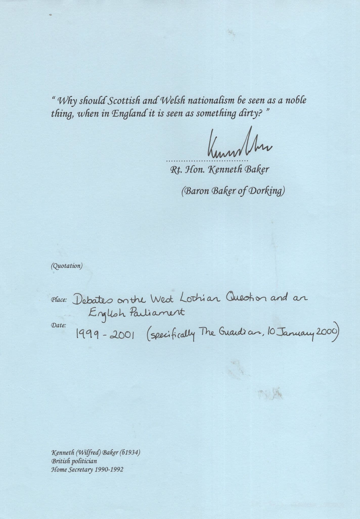 Kenneth Baker Home Secretary Dorking Politician Hand Signed Autograph
