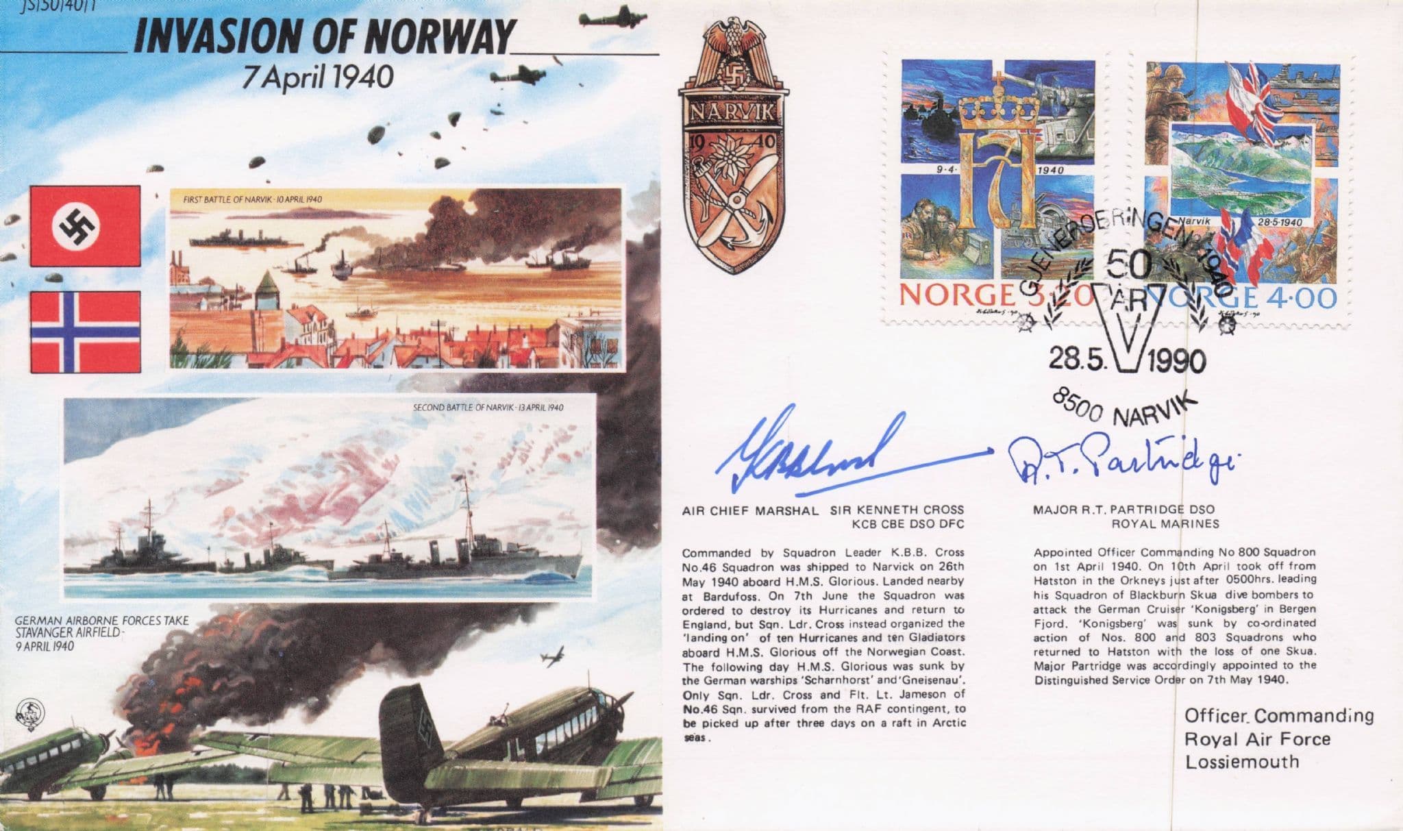 Kenneth Cross KCB BCE DSO DFC RT Partridge Invasion Of Norway Military Hand Signed FDC