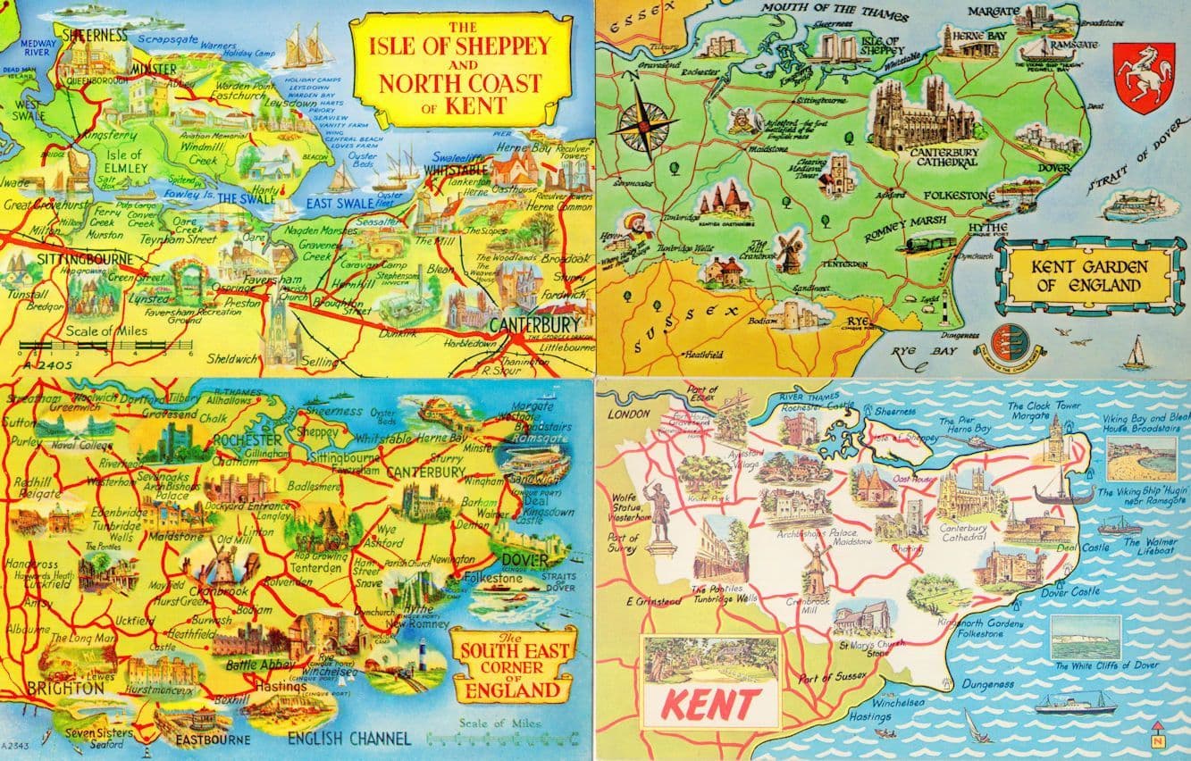 Kent 4x 1970s Cartoon Vintage Map Postcard s
