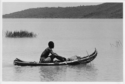 Kenyan Man In Old Man Made Old Canoe Boat Vintage African 9x7 Photo