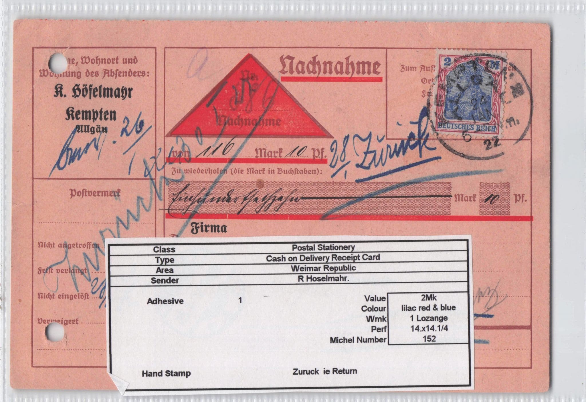 Kepten Germany Cash On Delivery Receipt 1922 Old German Postcard