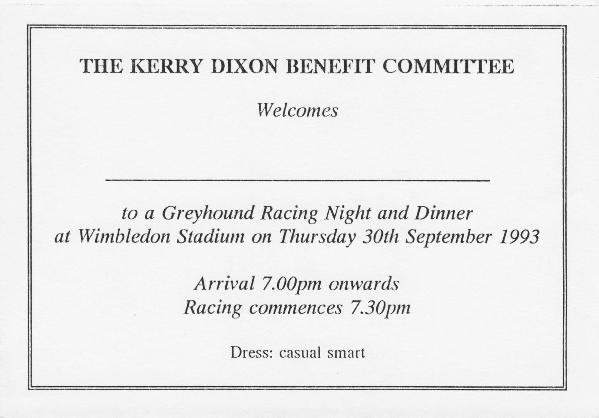Kerry Dixon Chelsea Football Club Race Night Invitation Card