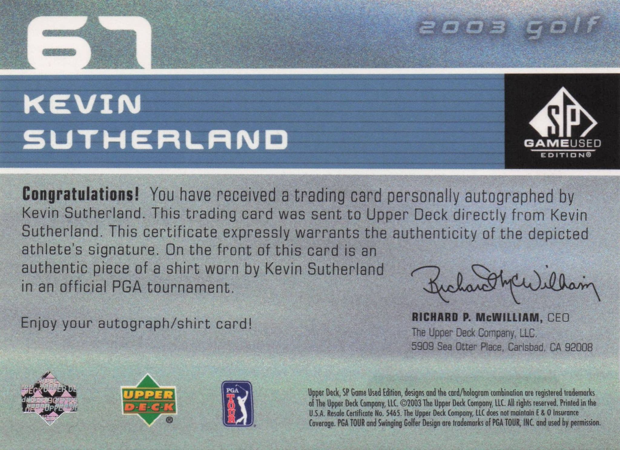 Kevin Sutherland First Tee SP 2003 Golf Hand Signed Worn PGA Shirt Card