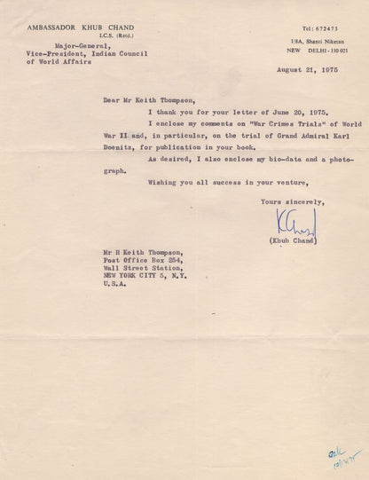 Khub Chand India Ambassador Hand Signed Letter & Nazi War Crimes Report