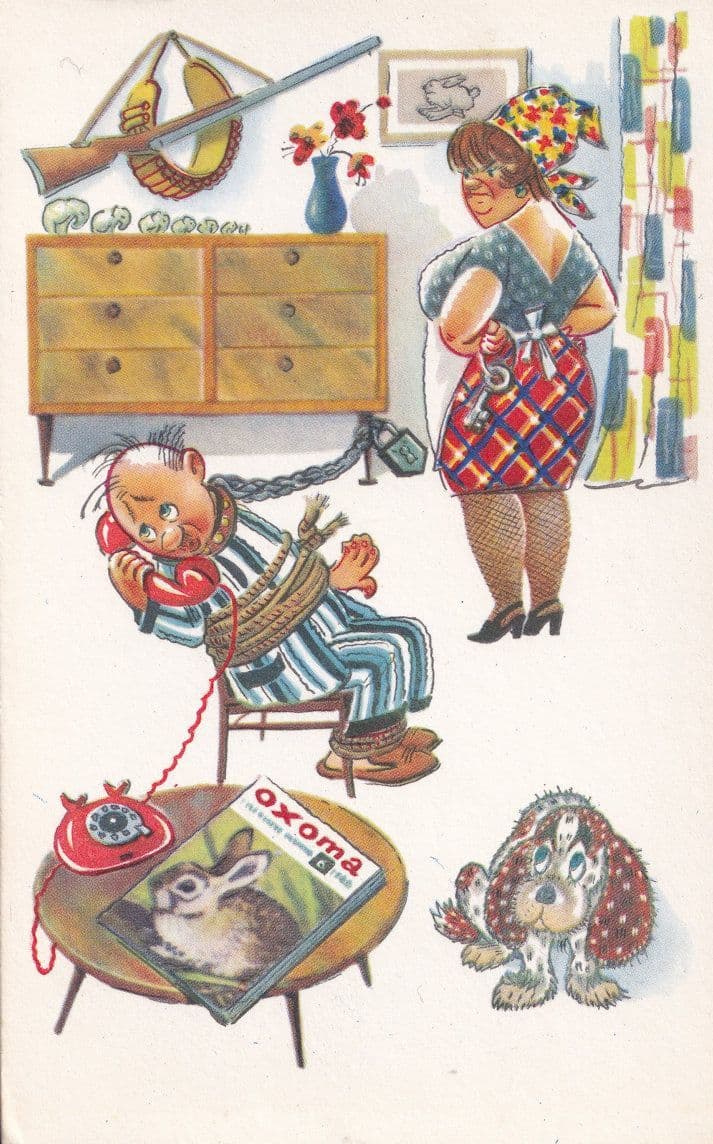 Kidnapped Husband Hostage Telephone Hunting Gun Russian Comic Vintage Postcard