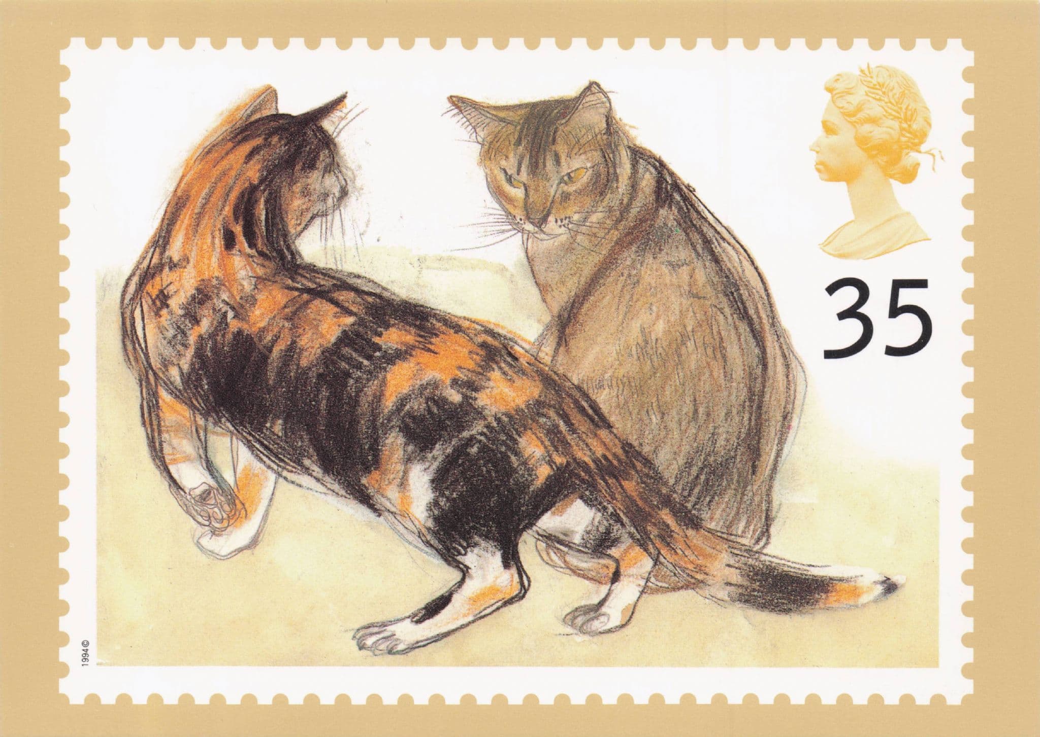 Kikko Japanese Cat & Rosie Stunning Royal Mail Cats Painting Postcard