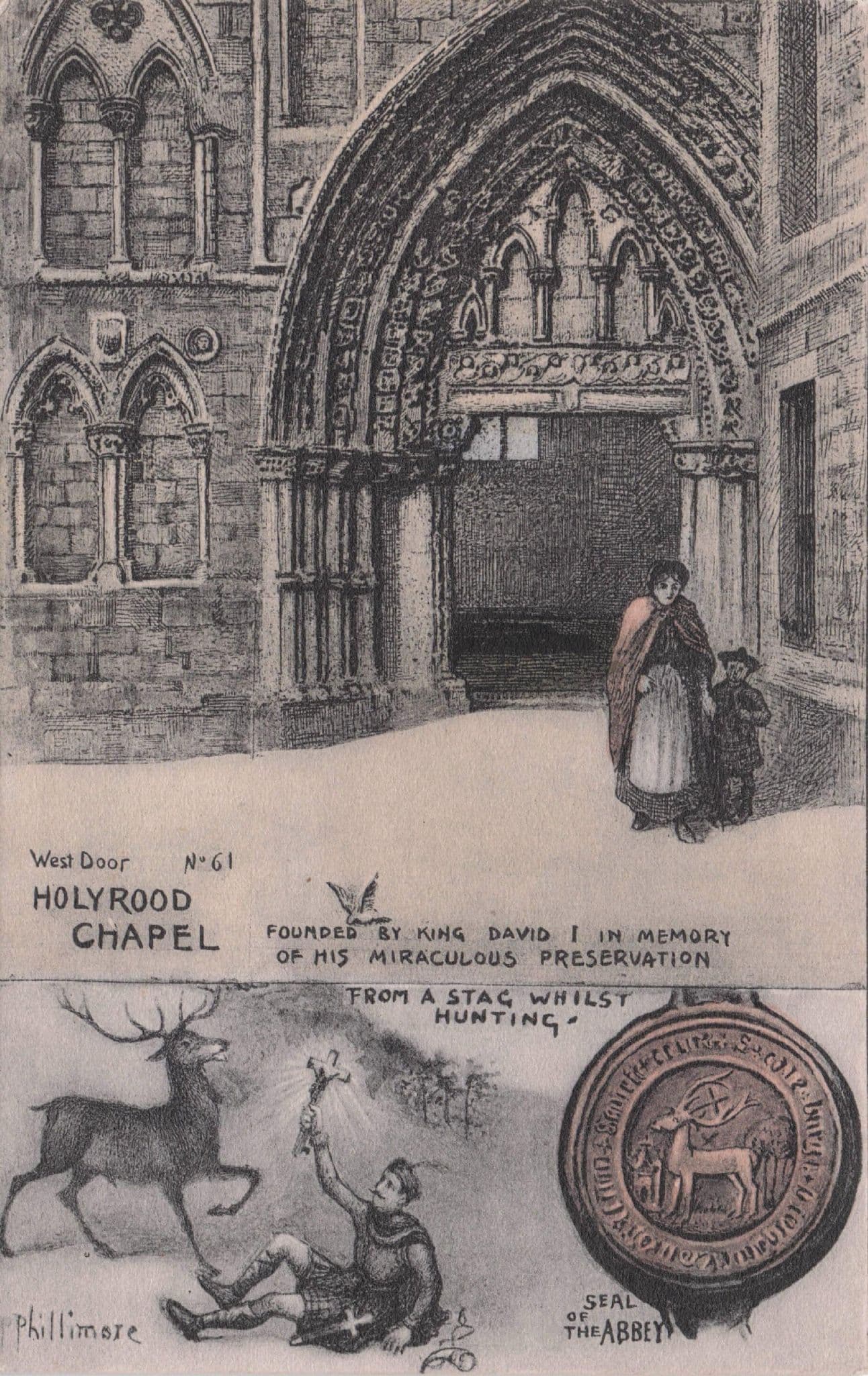King David 1st Stag Hunting Holyrood Chapel Phillimore Old Postcard